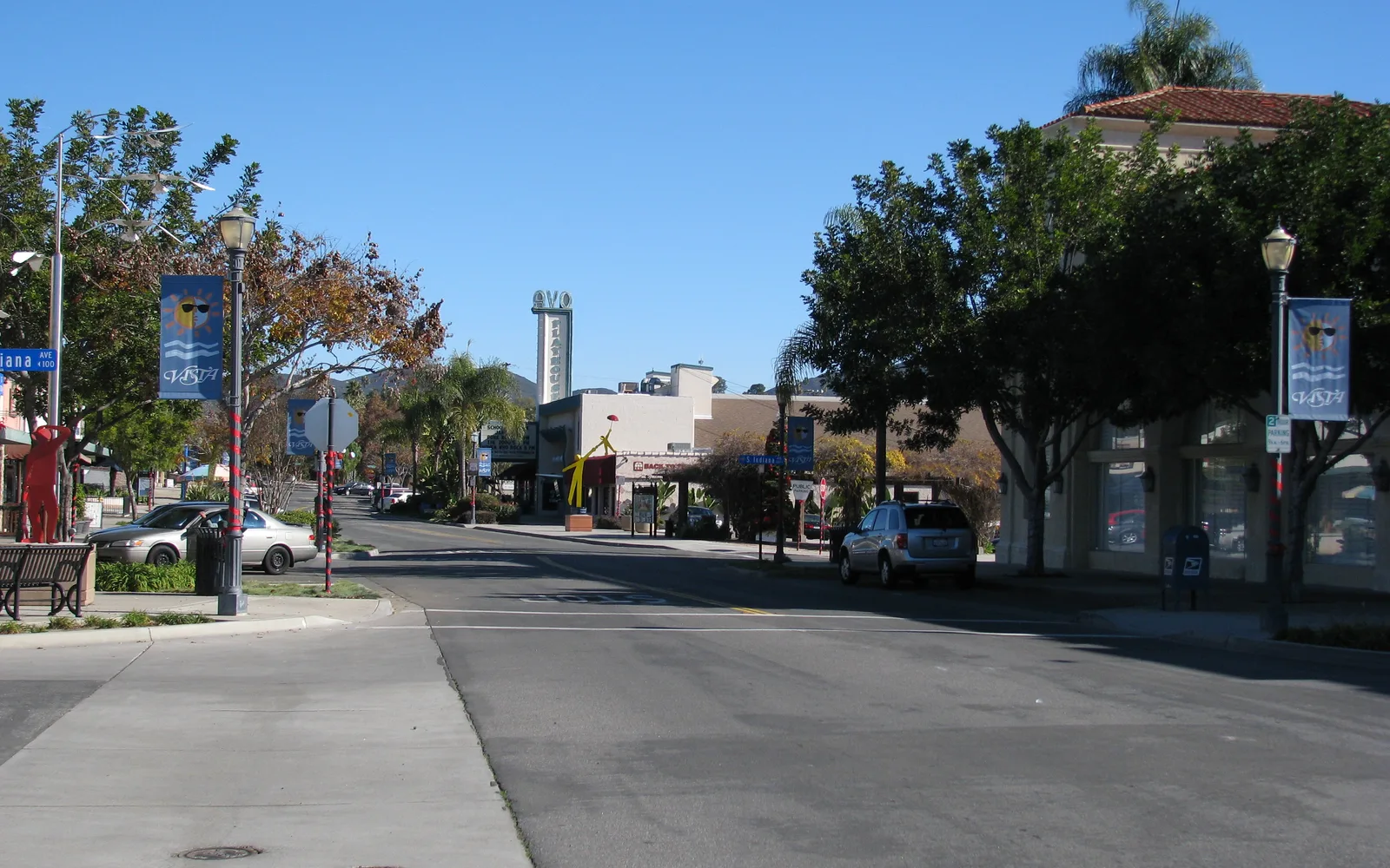 Main Street in downtown Vista with storefronts and street infrastructure